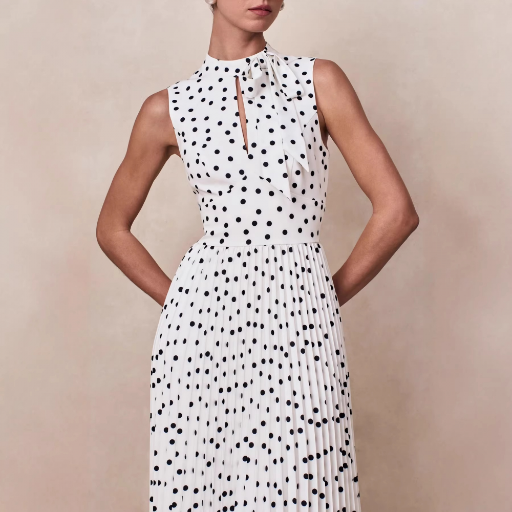 French Polka Dot Sleeveless Midi Dress
