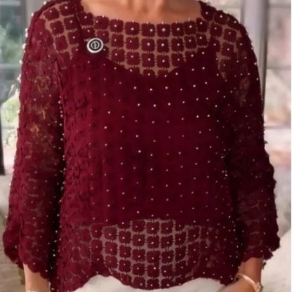 Pearl & Floral Cutout Blouse