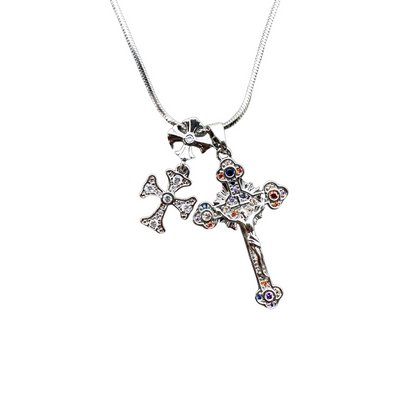 Double Cross Zircon Inlaid Handmade Necklace