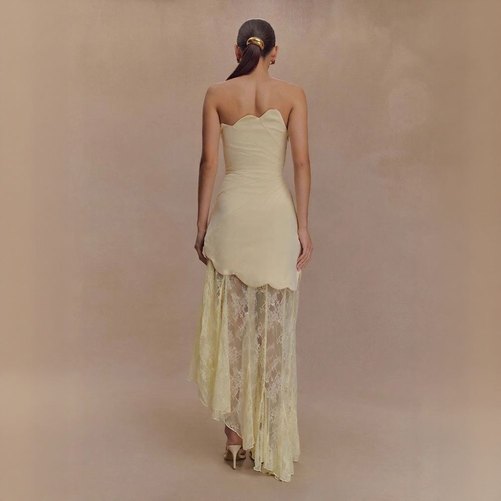 Chic Bandeau Lace Patchwork Sheer Asymmetrical Hem Maxi Dress