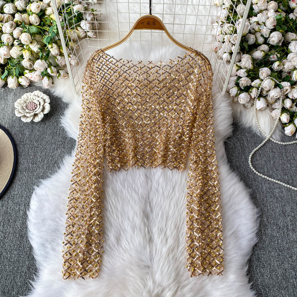 Pearl & Floral Sparkle Hollow-out Blouse
