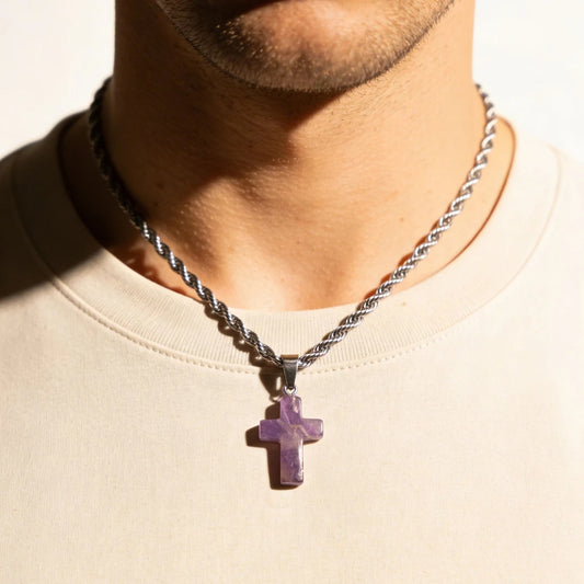 Natural Stone Cross Pendant Twisted Chain Necklace