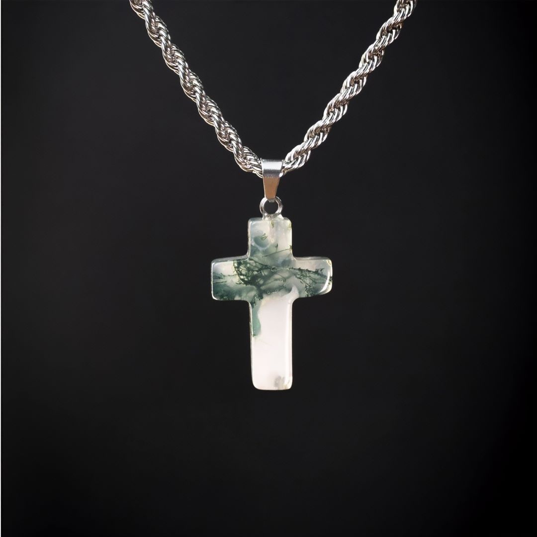 Natural Stone Cross Pendant Twisted Chain Necklace