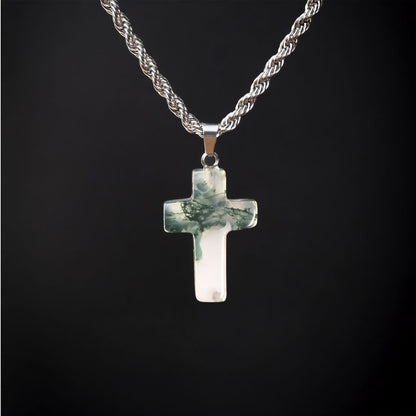 Natural Stone Cross Pendant Twisted Chain Necklace