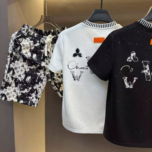 Sequin Clover Embroidered T-Shirt & Black & White Shorts