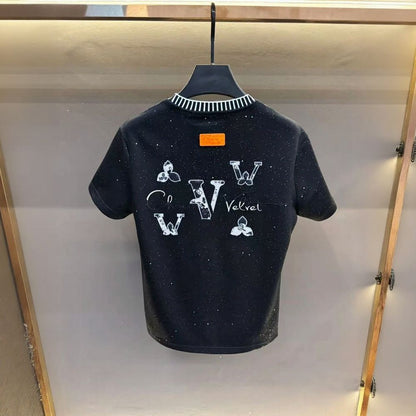 Sequin Clover Embroidered T-Shirt & Black & White Shorts
