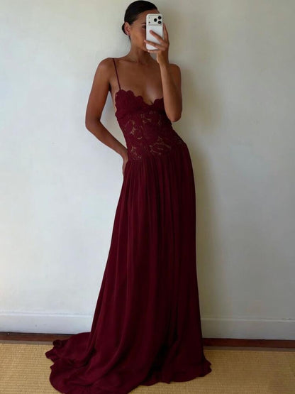 Vacation Style Lace Embroidered Chiffon Maxi Dress