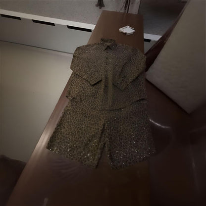 Leopard Print Rhinestone Shirt & Shorts Set