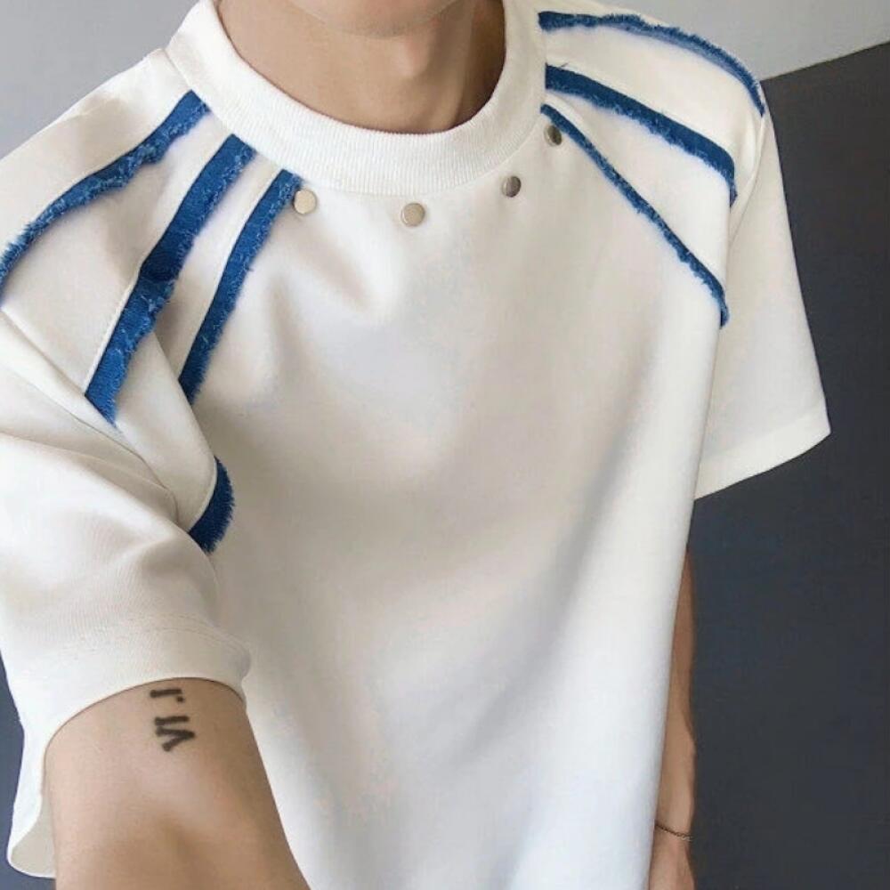 Denim fringed shoulder pad studded short-sleeved shirt