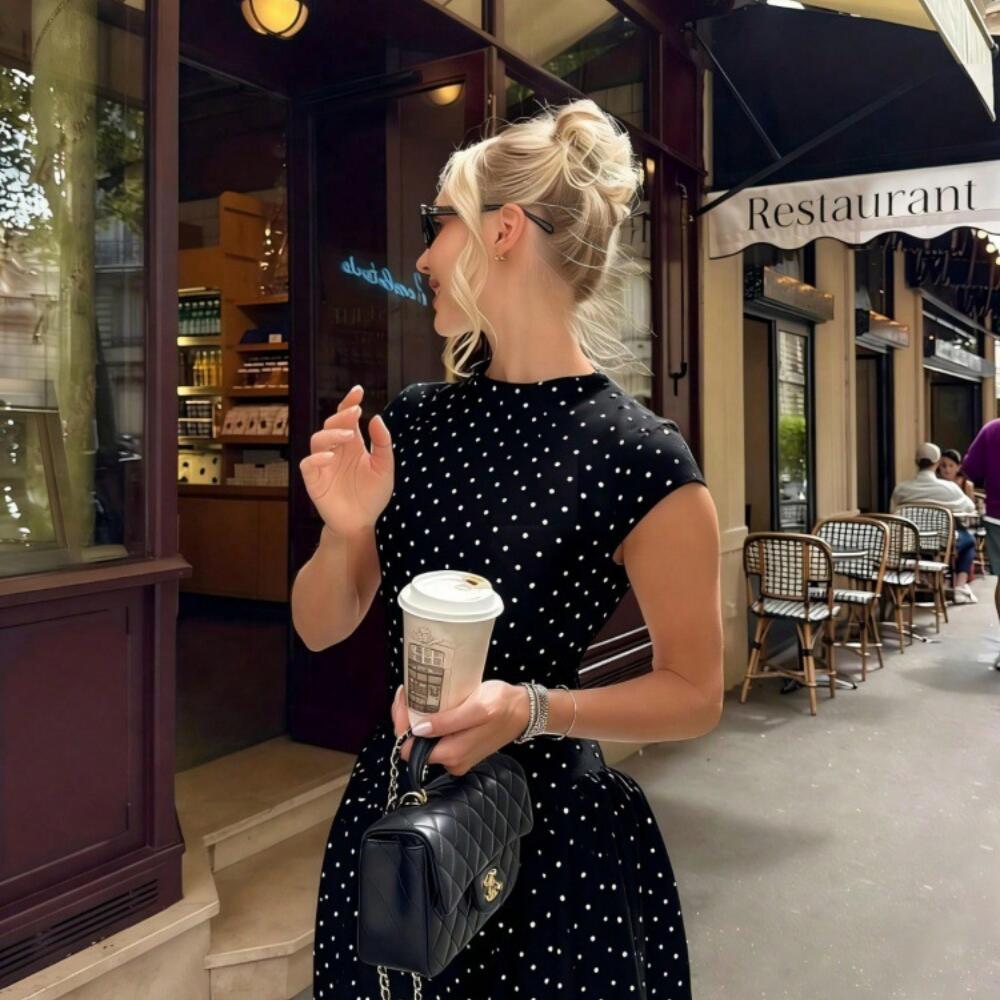 Slimming Crew Neck Sleeveless Polka Dot Print Dress