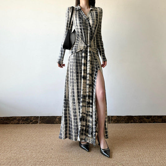Color Block Tie Waist Long Sleeve Dress
