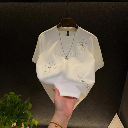 High-end cross-print short-sleeved shirt with embroidery and sequins