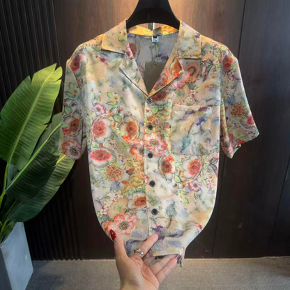 Red Floral Cuban Collar Shirt