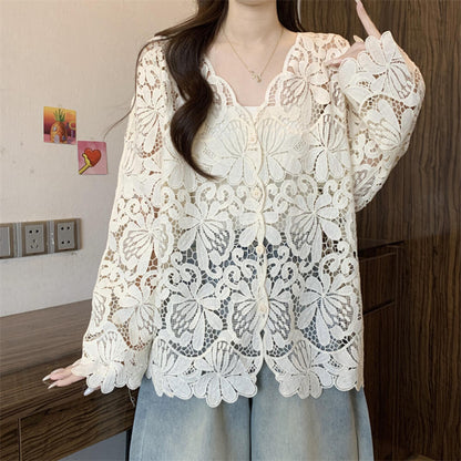Apricot Hollow Out Crochet V-Neck Cardigan