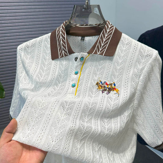 Hollow Out Jacquard Embroidered Knit Polo Shirt