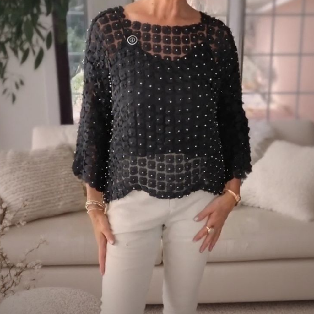 Pearl & Floral Cutout Blouse