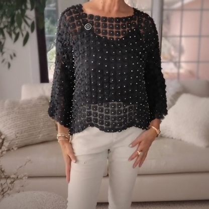 Pearl & Floral Cutout Blouse
