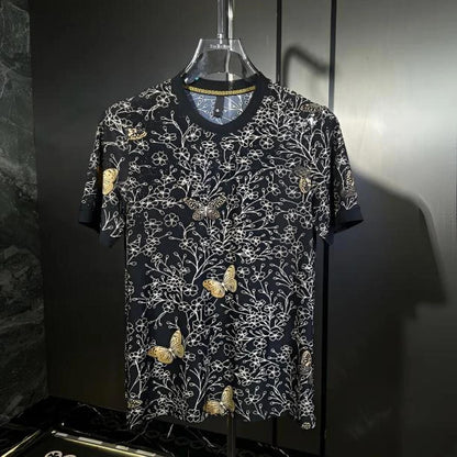 Flower Cluster Butterfly Rhinestone T-Shirt