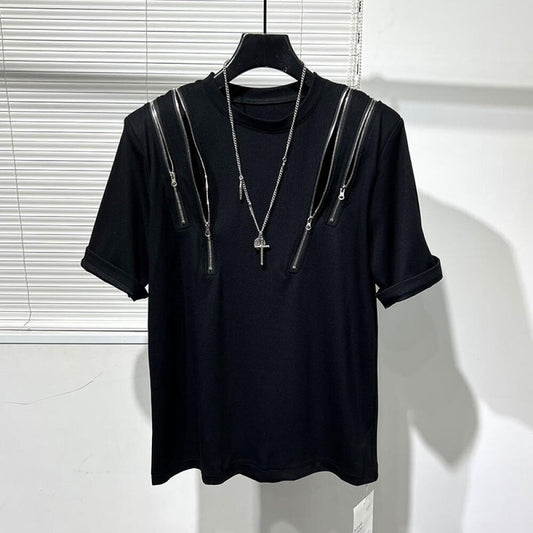 Multi-zipper short-sleeved shirt