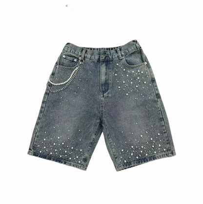 Denim Shorts with Bead & Charm Decor