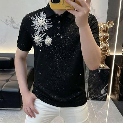 Beaded Chrysanthemum Rhinestone Polo Shirt