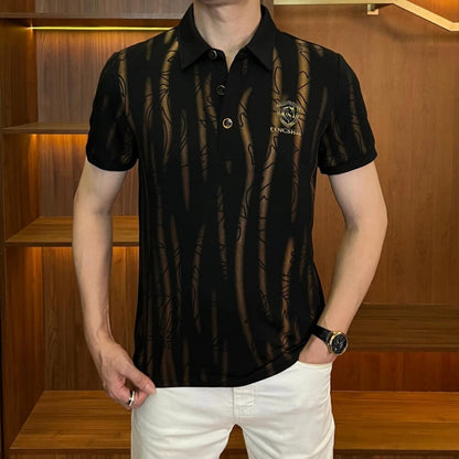Elegant Gold Horse Head Fluid Texture Lapel Polo