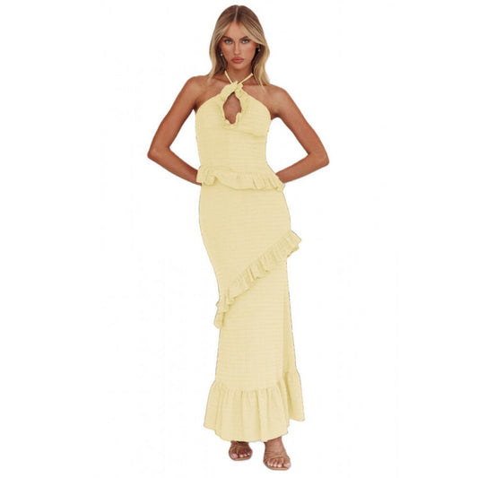 Halter Backless Ruffle Bodycon Maxi Dress