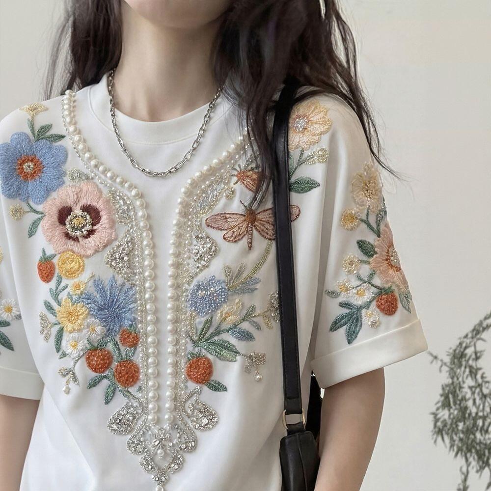 Pearl & Floral Short Sleeve Top
