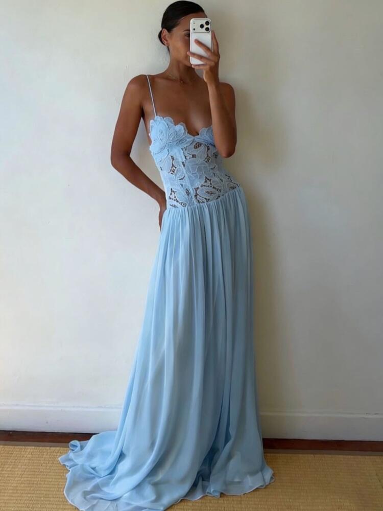 Vacation Style Lace Embroidered Chiffon Maxi Dress