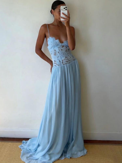 Vacation Style Lace Embroidered Chiffon Maxi Dress
