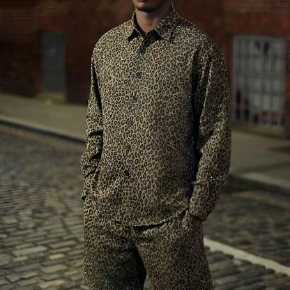 Leopard Print Rhinestone Shirt & Shorts Set