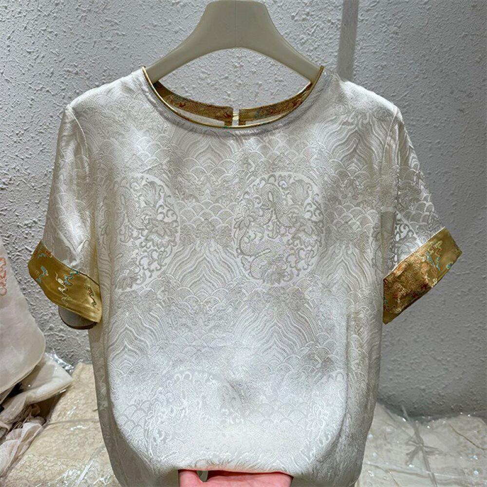 Luxury Embossed Short-Sleeved Top with Gold Trim