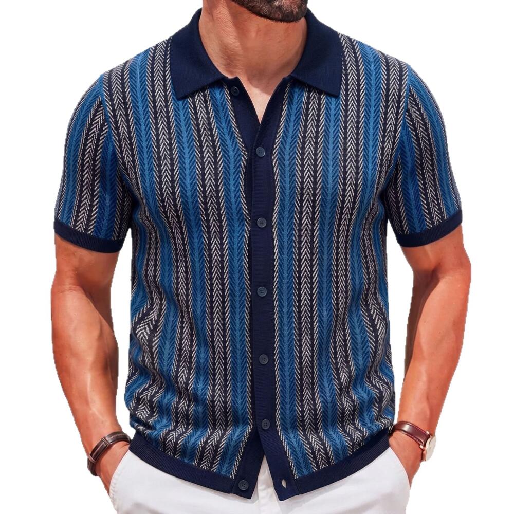 Vintage Vertical Striped Knit Short Sleeve Polo Shirt