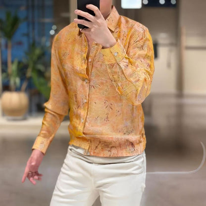 Vintage Gold Floral Jacquard Button-Down Shirt