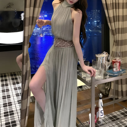 Hand Embellished Beaded Sheer Halter Gown