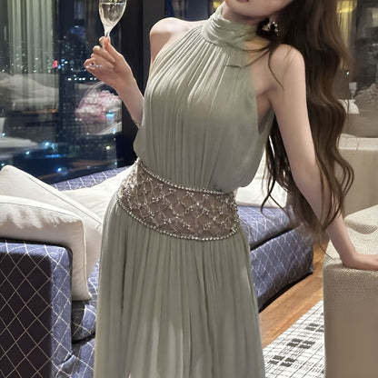Hand Embellished Beaded Sheer Halter Gown