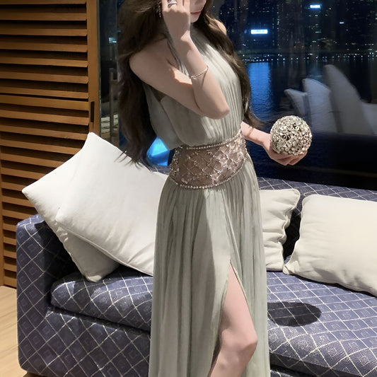 Hand Embellished Beaded Sheer Halter Gown