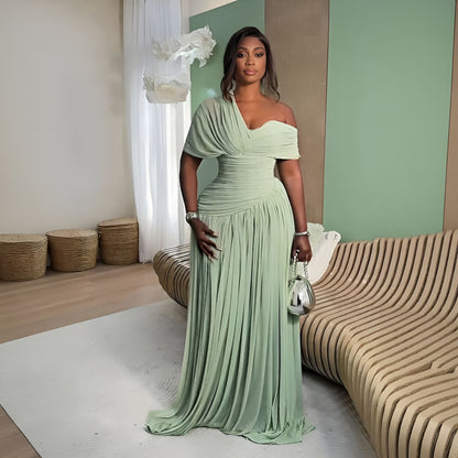 Elegant Asymmetrical Ruched Tie Waist Short Sleeve Maxi Dress