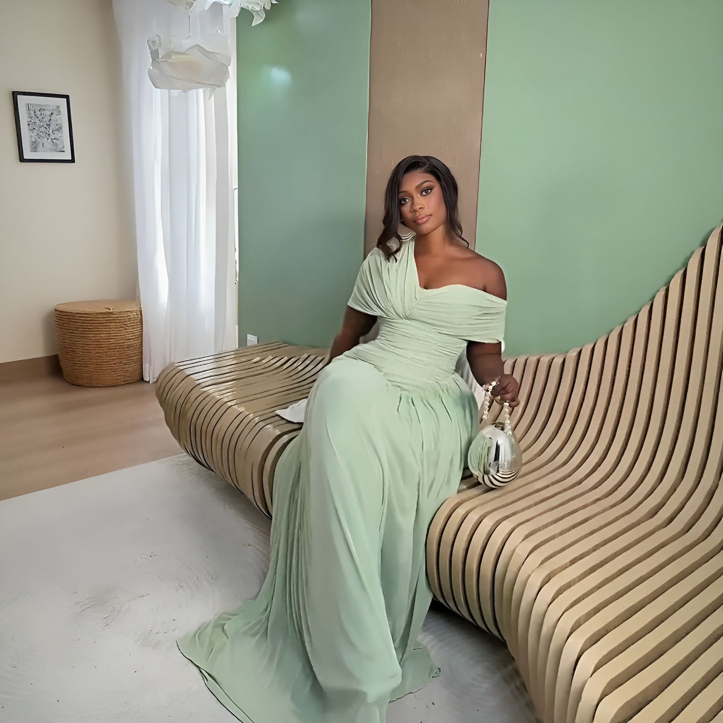 Elegant Asymmetrical Ruched Tie Waist Short Sleeve Maxi Dress