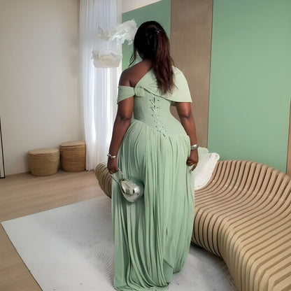 Elegant Asymmetrical Ruched Tie Waist Short Sleeve Maxi Dress