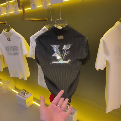 Gradient V-shape Rhinestone Polo