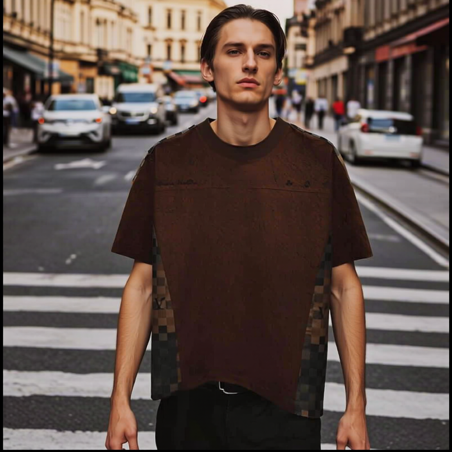 Brown Plaid Rhinestone T‑Shirt