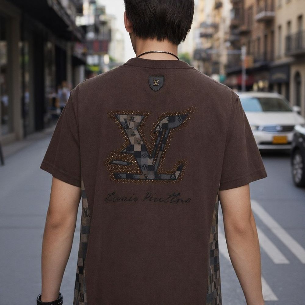 Brown Plaid Rhinestone T‑Shirt