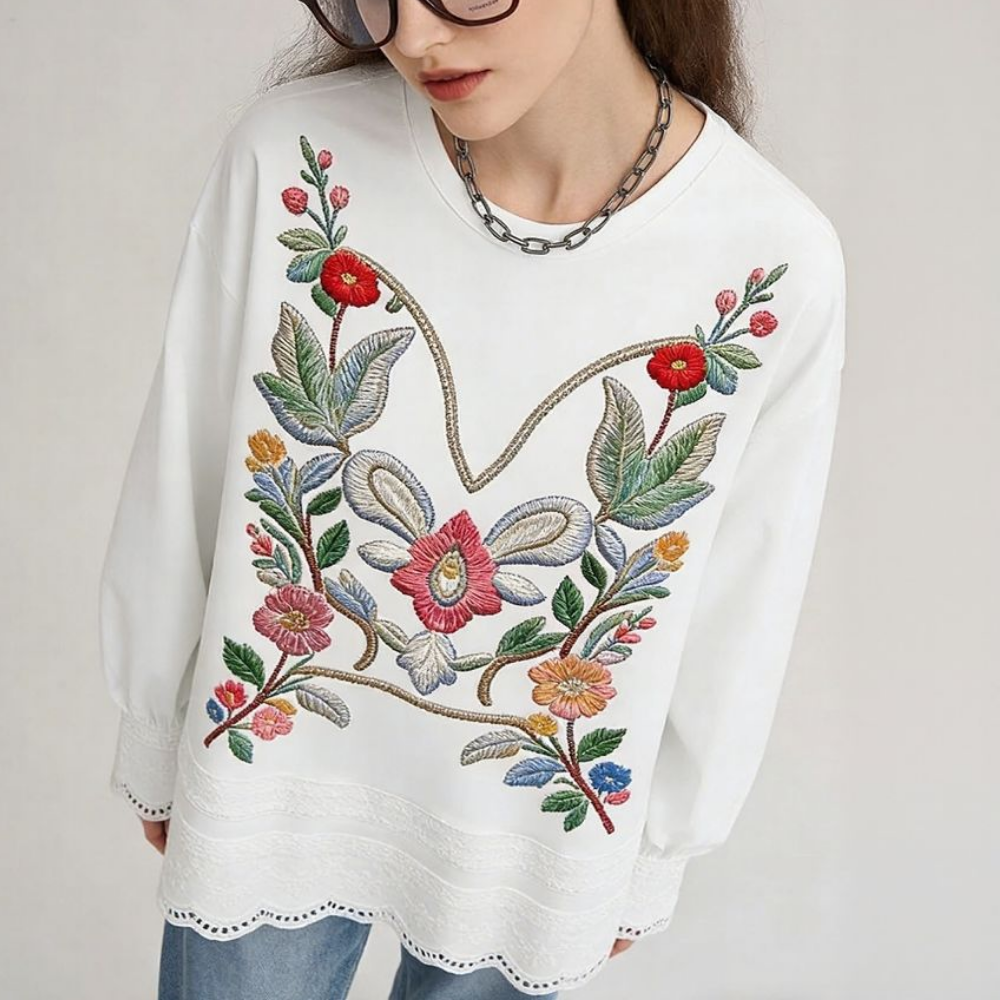 Delicate Floral Embroidered Lace-Edged Blouse