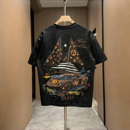 Yacht Luxury Car Print Embroidery T-Shirt