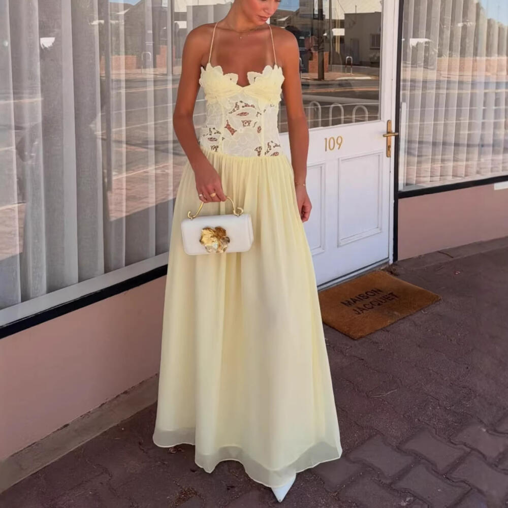 Vacation Style Lace Embroidered Chiffon Maxi Dress