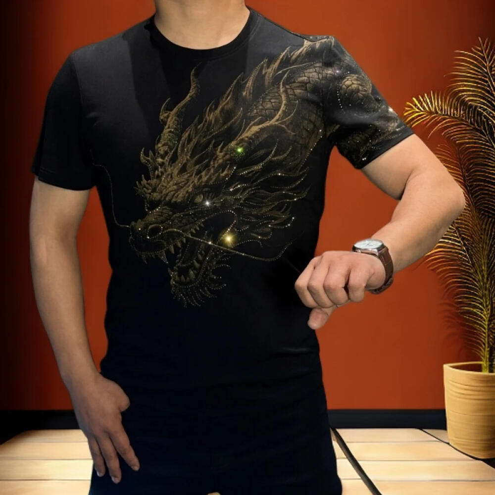 Cross Shoulder Dragon Sparkling Diamond Tee