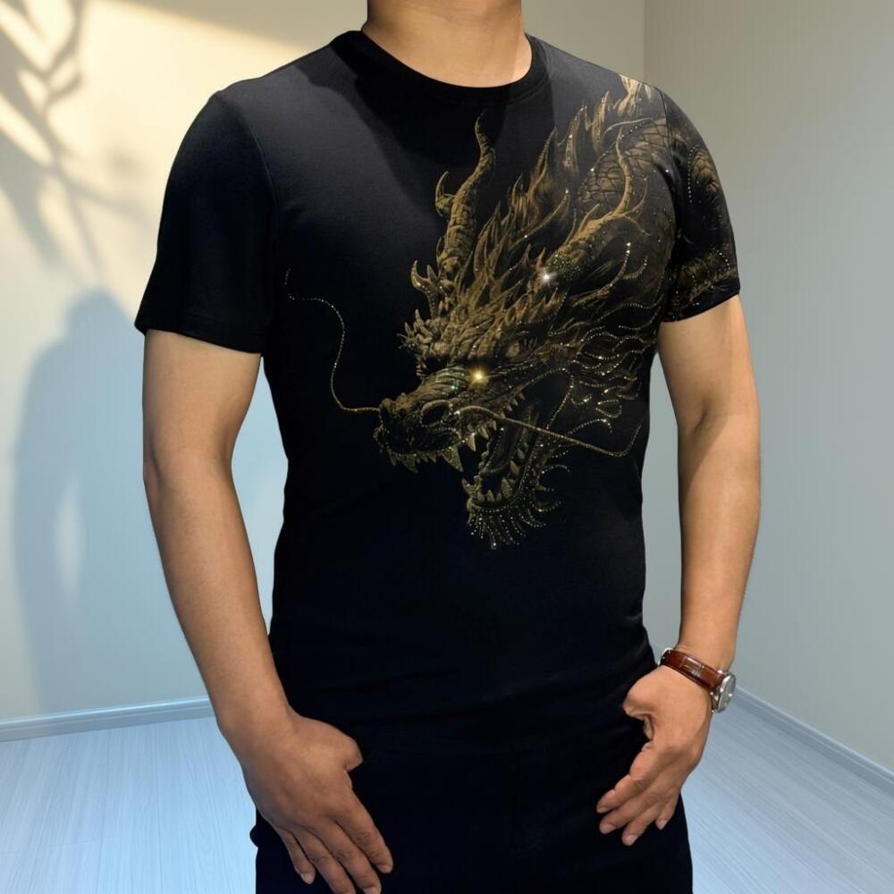 Cross Shoulder Dragon Sparkling Diamond Tee