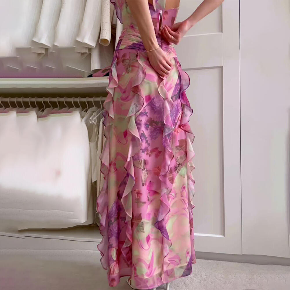 Sleeveless Halter Neck Floral Print Ruffle Hem Dress