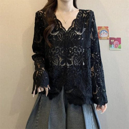 Apricot Hollow Out Crochet V-Neck Cardigan